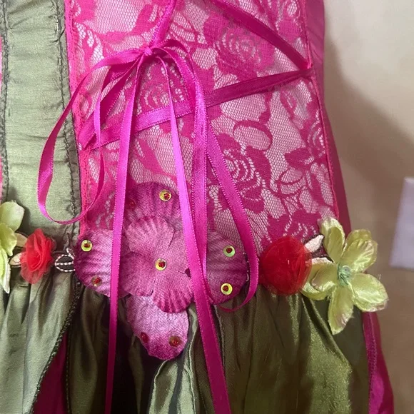 Fairy Queen Adult Pink and Green Lace Dress - Picture 3 of 14